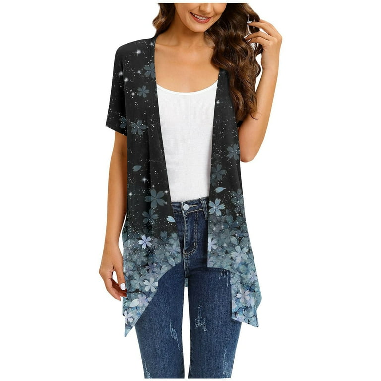 TQWQT White Cardigan for Women Short Sleeve Lightweight Open Front Kimono Cardigans Summer Jacket with Pockets Draped Duster Vest Shrug Top Blue L