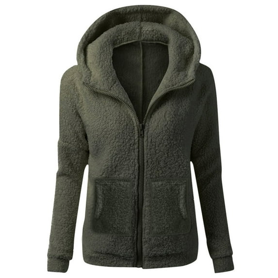 TQWQT Winter Coats for Women Long Sleeve Zip Up Hoodies Jackets Lamb Fleece Solid Color Open Front Cardigan Coat with Pocket Army Green 2XL