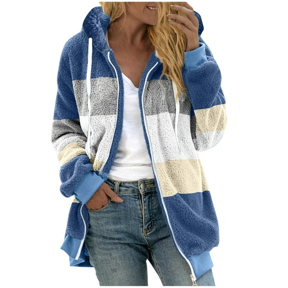 TQWQT Winter Fleece Coats for Women, Winter Fuzzy Fleece Jacket Hooded Color Block Patchwork Cardigan Coats Oversized Fluffy Sherpa Outerwear with Pockets Blue L