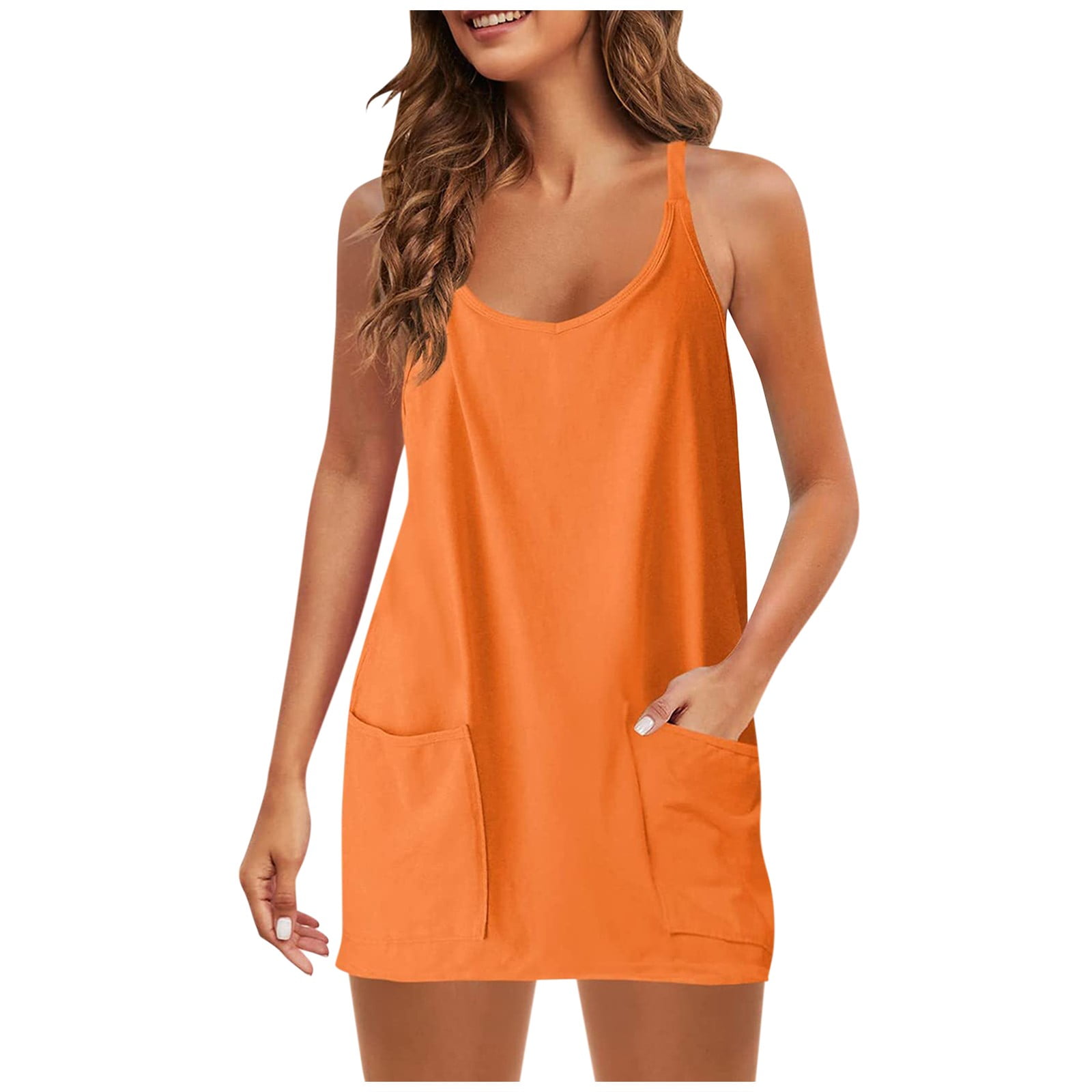 TQWQT Womens Summer Sleeveless Mini Dress V Neck Spaghetti Strap Sundress  Athletic Short Dress with Pockets Orange L 
