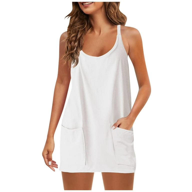TQWQT Women Athletic Dress Summer Sleeveless Mini Dress V Neck Spaghetti  Strap Sundress Athletic Short Dress with Pockets White XXL 