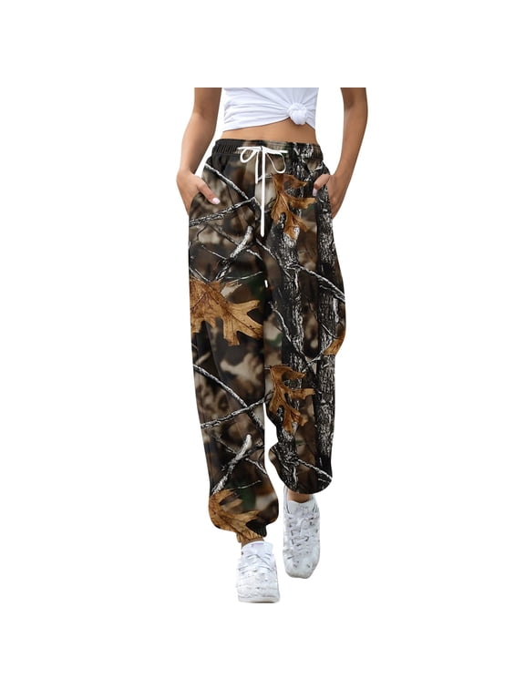 Women Camo Joggers Cargo Pants Hunting Outdoor Loose Fit Drawstring Waist Elastic Ankle Cuffs Pocket Leisure Workout Trousers Jungle Maple Leaf Print Sweatpants Coffee XL
