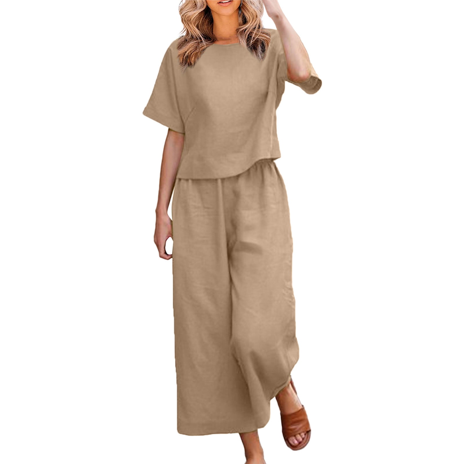 TQWQT Women Linen Sets 2 Piece Summer Outfits Fashion T Shirt Romper  Crewneck Short Sleeve Casual Loose Comfy Long Pants Jumpsuit with Pockets,Khaki  XXXXL 