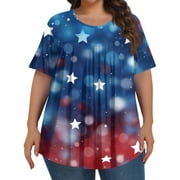 MLQIDK TQWQT Women Plus Size American Flag Tops 4x-5x Patriotic Short Sleeve Tops Stars and Stripes Pleated T-Shirt Crew Neck Shirts Large Casual Curvy Women Clothes Blue 3XL
