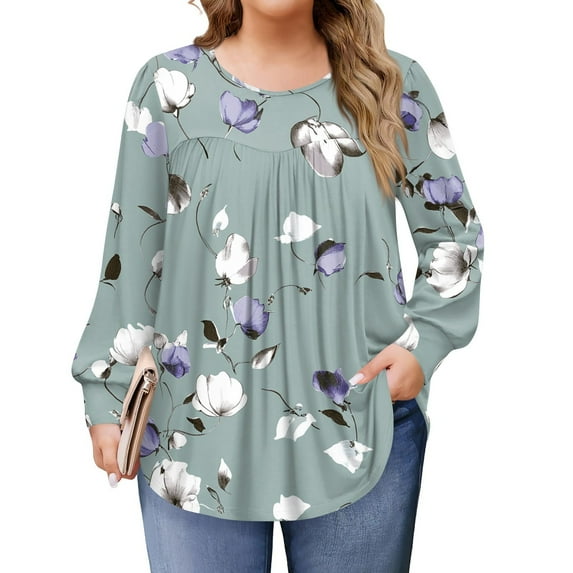 TQWQT Women Plus Size Tops 4x-5x Fall Long Sleeve Blouses Floral Graphic Tees Crewneck Tshirts Loose Casual Outfits for Women Multicolor L