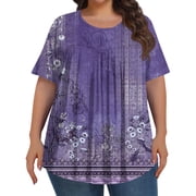 TQWQT Women Plus Size Tops 4x-5x Flowy Crew Neck T Shirts Floral Pleated Tops Short Sleeve Blouses Loose Fit Casual Curvy Women Outfits Purple 5XL