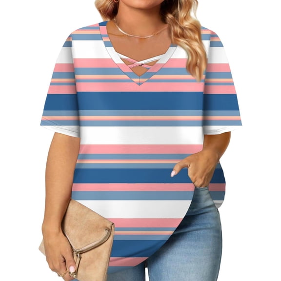TQWQT Women Plus Size Tops 4x-5x Sexy Short Sleeve Blouses Striped Color Block Graphic T-Shirt V Neck Criss Cross T Shirts Loose Fit Casual Tunic Tops XL