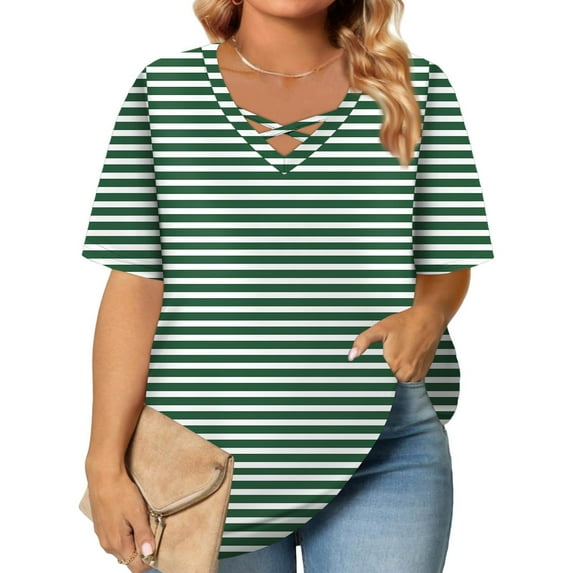 TQWQT Women Plus Size Tops 4x-5x Sexy Short Sleeve Tunic Tops Striped Color Block Graphic Tees V Neck Criss Cross T Shirts Loose Fit Casual Summer Clothes 2XL