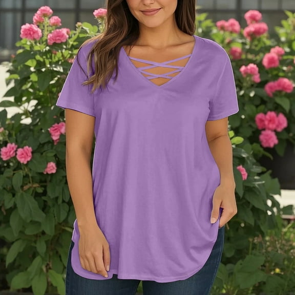 TQWQT Women Plus Size Tops 4x-5x Summer Short Sleeve Tee Shirt Tops Basic Plain Tees V Neck Criss Cross T Shirts Loose Fit Casual Blouses Purple 4XL