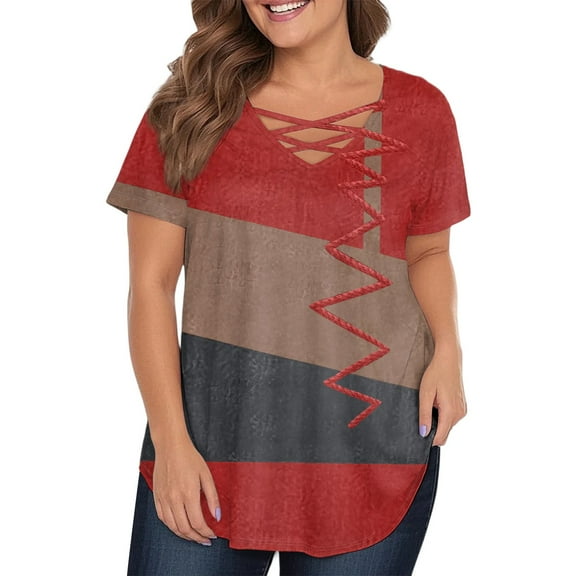 TQWQT Women Plus Size Tops 4x-5x Summer Short Sleeve Tops Striped Color Block Graphic T-Shirt V Neck Criss Cross Tunic Shirts Loose Casual Summer Clothes Red 2XL