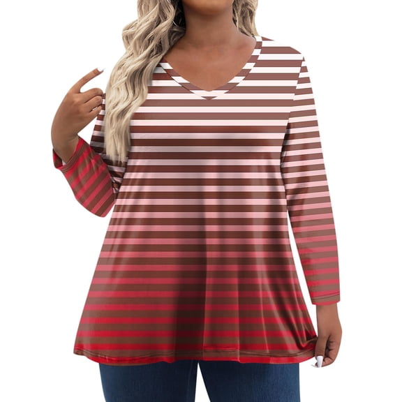TQWQT Women Plus Size Tops Dressy Fall Long Sleeve Tunic Tops Striped Print V Neck T Shirts Large Casual Tunic Tops Red XL