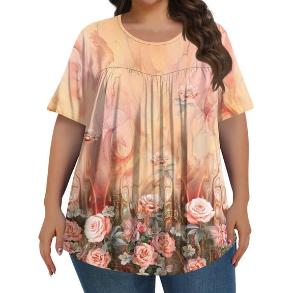 TQWQT Women Plus Size Tops Dressy Summer Crew Neck T Shirts Floral Pleated T-Shirt Short Sleeve Tunic Tops Dressy Casual Blouses Saffron XL