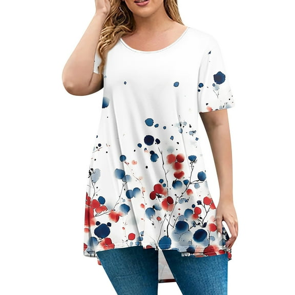 TQWQT Women Plus Size Tops Sexy Summer Crewneck T Shirts Floral Graphic T-Shirt Short Sleeve Blouses Loose Fit Casual Tunic Tops Red 3XL