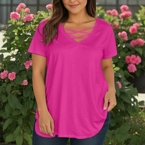 TQWQT Women Plus Size Tops Sexy Summer V Neck Criss Cross Tunic Shirts Basic Plain Tees Short Sleeve Tunic Tops Large Casual Summer Clothes Hot Pink 4XL