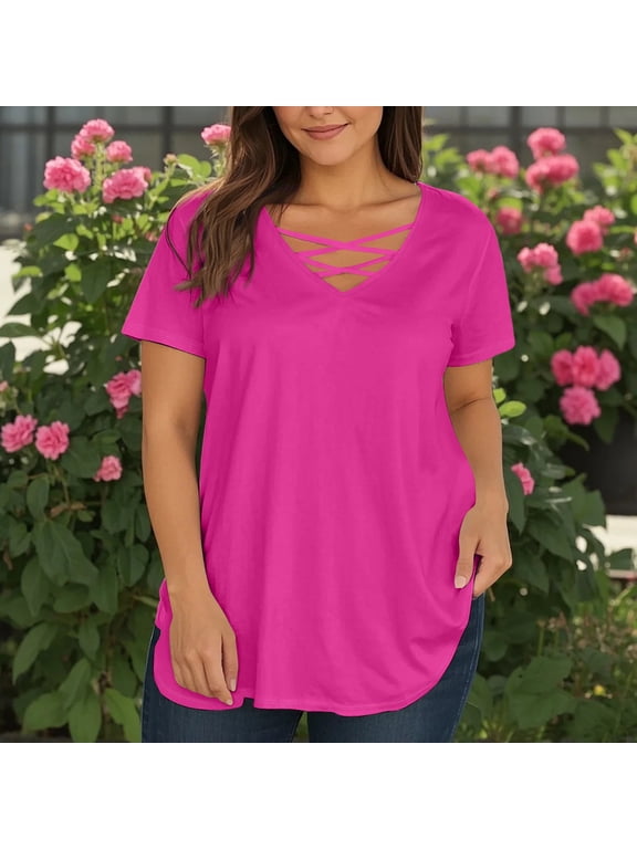Women Plus Size Tops Sexy Summer V Neck Criss Cross Tunic Shirts Basic Plain Tees Short Sleeve Tunic Tops Large Casual Summer Clothes Hot Pink 4XL