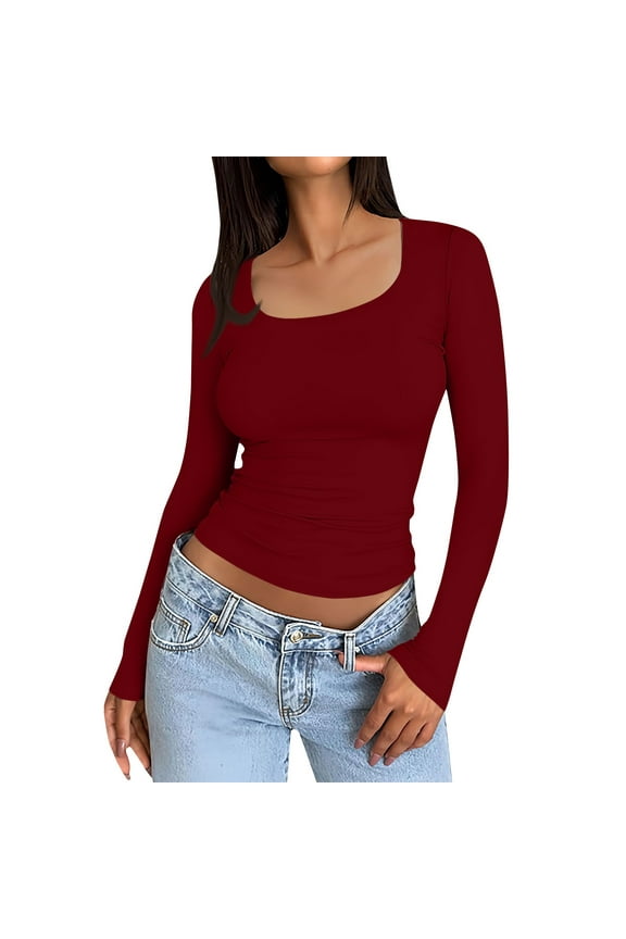 Women Red Long Sleeve Shirt Fall Trendy Women Tops Slim Fit Shirt Y2k Square Neck T Shirt Crop Tops Teen Girls Winter Clothes S