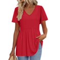 thumbnail image 1 of TQWQT Women Summer Tops Babydoll Short Sleeve Peplum Top V-Neck Tunic Top Puff Sleeve Casual Shirts Solid Color Tee Blouses Beach Vacation Clothes Red M, 1 of 5