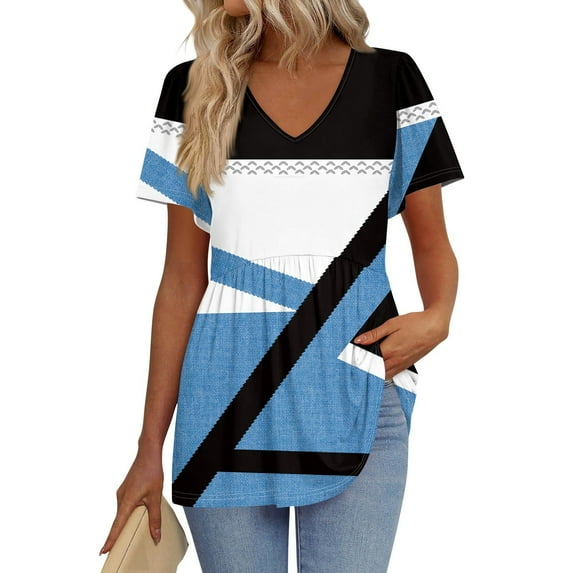 TQWQT Women Summer Tops Casual Vneck Peplum Short Sleeve Tshirts Color Block Flowy Tunic Top Puff Sleeves Blouses Beach Vacation Clothes Light Blue S