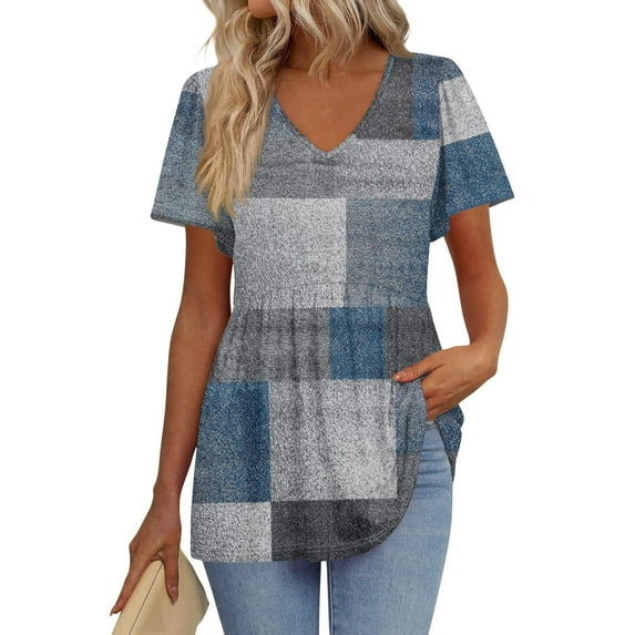 TQWQT Women Summer Tops Plus Size Short Sleeve Peplum Tops Babydoll V Neck Tunic Top Color Block Tees Puff Sleeve Blouse Maternity Clothes Blue XL