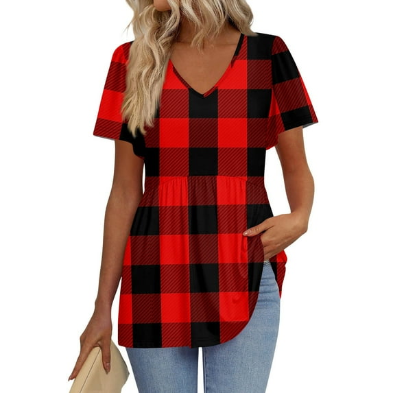 TQWQT Women Summer Tops Short Sleeve Peplum V Neck Shirts Casual Trendy Tunic Top Puff Sleeve Color Block Blouses Beach Vacation Clothes Red M