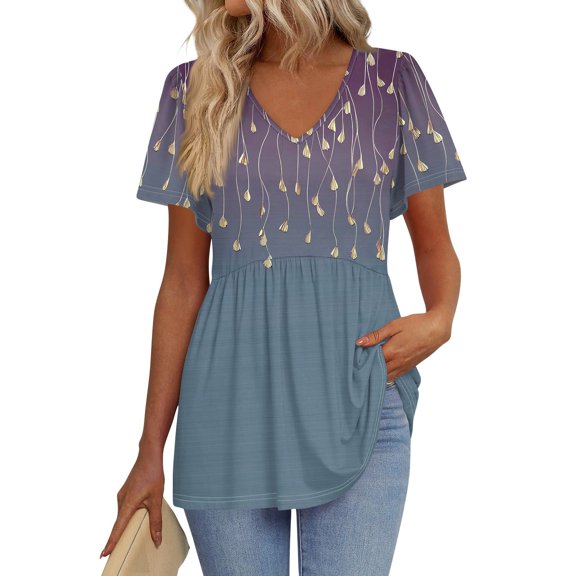 TQWQT Women Summer Tops Short Sleeve Peplum Vneck Blouse Fashion Trendy Shirt Floral Print Tee Tunic Top Plus Size Maternity Clothes Purple XL