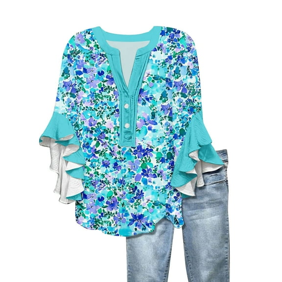 TQWQT Women Summer Tops V Neck Ruffle 3/4 Length Sleeve Button Down Shirts Plus Size Tops Floral Trendy Blouse Petite Tunic Top Spring Clothes Light Blue L