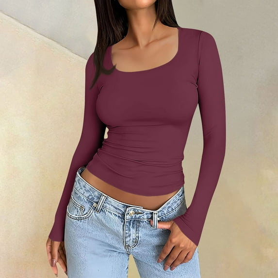 TQWQT Women Tops Tight Long Sleeve Shirts Cute Y2k Deep Red Shirts Slim Fit Crop Tops Square Neck Tshirts Trendy Basic Teen Girls Winter Clothes XL
