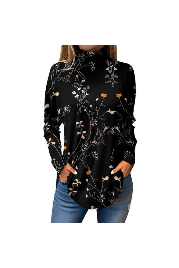 Women Turtleneck Shirt Fall Floral Print Tunic Top Long Sleeve Plus Size Shirt Loose Fit Turtleneck T Shirts Trendy Curved Hem Graphic Tee Coffee 3XL