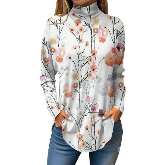 TQWQT Women Turtleneck Shirt Loose Fit Floral Print Tunic Top Long Sleeve Plus Size Shirt Fall Mockneck T-Shirt Curved Hem Graphic Tee Khaki XL