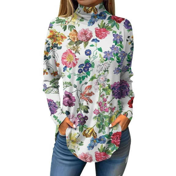 TQWQT Women Turtleneck Shirt Loose Fit Floral Print Tunic Top Long Sleeve Plus Size Shirt Fall Turtleneck T-Shirts Curved Hem Graphic Tee Camouflage XL