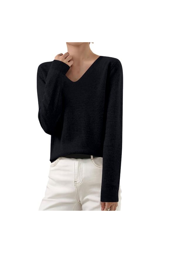 TQWQT Women's Basic Sweaters Casual Knit Tops Long Sleeve Shirt Lightweight Black Sweater Soft Cotton V Neck Pullover Solid Color Fall Tops Black XXL