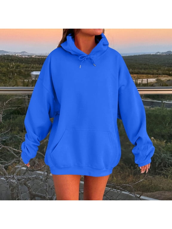 TQWQT Women's Blue Hoodie Oversized Plus Size Hoodies Long Sleeve Drawstring Hoodie Plain Hooded Sweatshirt Y2k Hoodies with Pockets Blue 5XL