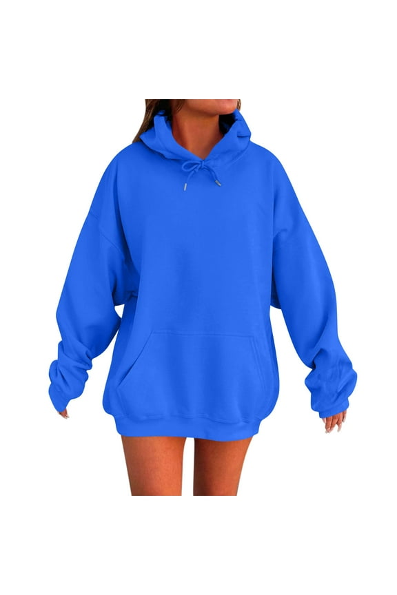 TQWQT Women's Blue Hoodie Plain Hoodies Pullover Long Sleeve Oversized Sweatshirts Cute Hooded Sweatshirt Y2k Hoodies with Pockets Blue L