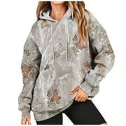 TQWQT Women's Camo Hoodie Maple Leaf Print Oversized Sweatshirt Fleece Hooded Sweatshirts with Pocket Casual Fall Pullover Beige 3X-Large