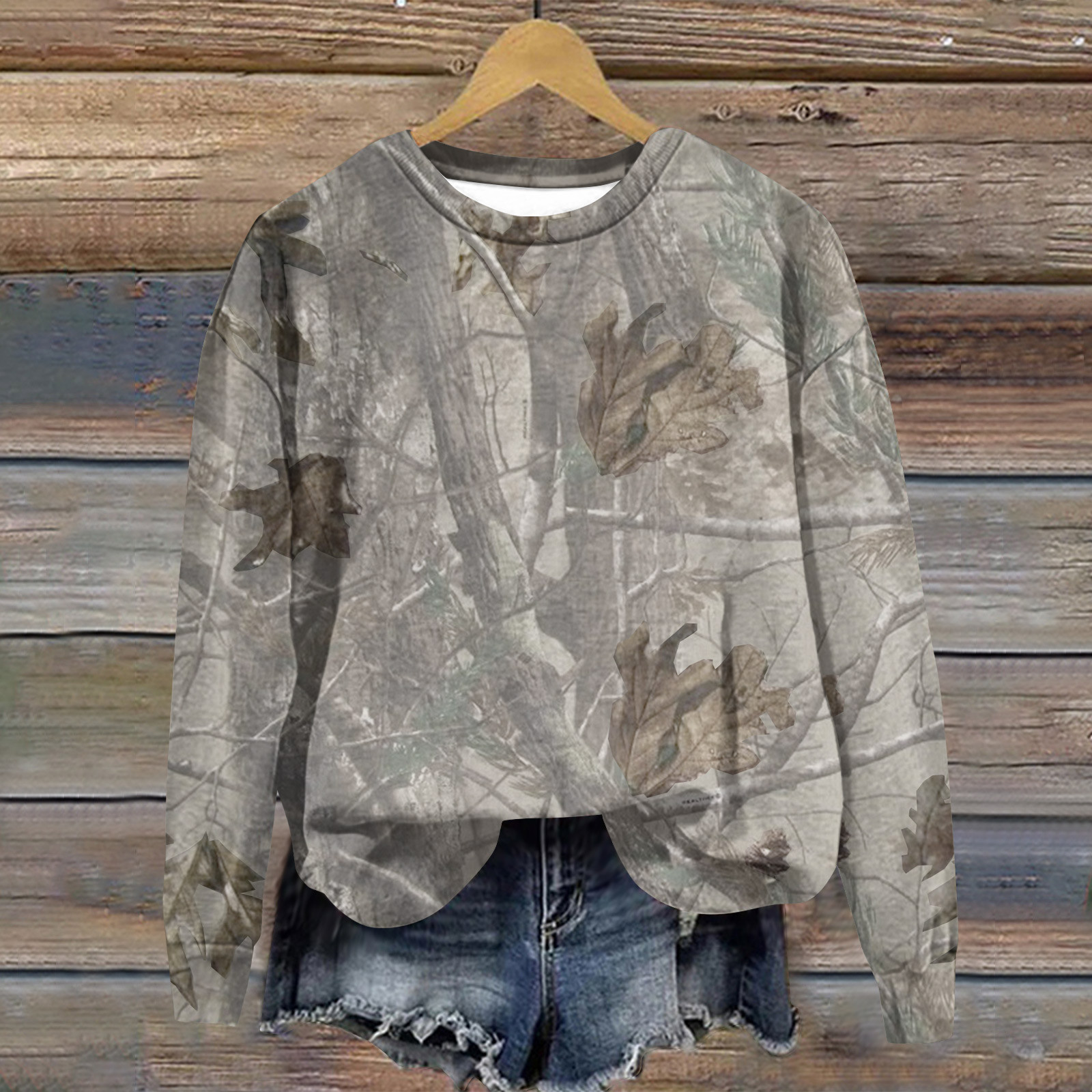TQWQT Women s Camo Sweatshirt Maple Leaf Print Oversized Long Sleeve Shirts Fleece Sweatshirts Casual Fall Pullover Tops Brown 2XL Large Walmart