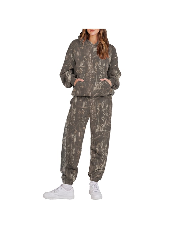 Women's Camo Tracksuit 2 Piece Outfits Maple Leaf Print Hoodie Sweatshirt Oversized Jogger Sweatpants Y2K Sweatsuit Set