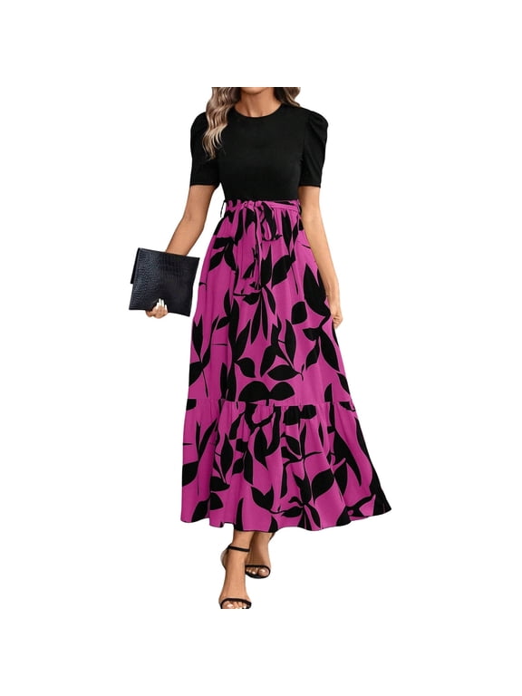 Women's Casual Dresses Modest Short Sleeve Long Teacher Dress Maxi Dresses Floral Print Long Patchwork Ruffle Hem A Line Dress Wedding Guest Modest Clothing Hot Pink L