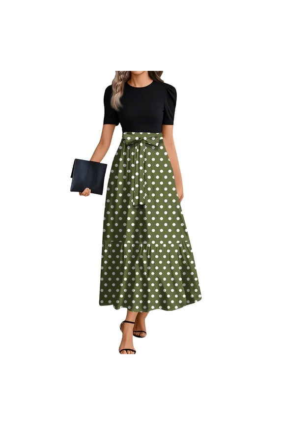 Women's Casual Dresses Short Sleeve Teacher Dress Polka Dot Print Casual Maxi Dresses Empire Waist Trendy Patchwork Ruffle Hem A Line Dresses Wedding Guest Funeral Outfit Army Green L