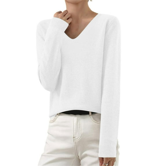 TQWQT Women's Casual Fall Sweaters Basic Lightweight Knit Sweater Long Sleeve Shirt V Neck Pullover Sweaters Soft Cotton White Fall Tops White XL