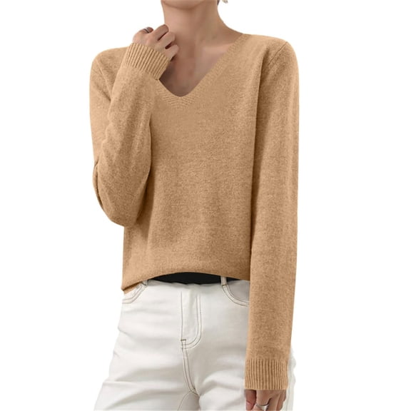 TQWQT Women's Casual Fall Sweaters Long Sleeve Knit Camel Fall Tops V Neck Lightweight Pullover Sweaters Basic Soft Cotton Sweatshirt Camel L