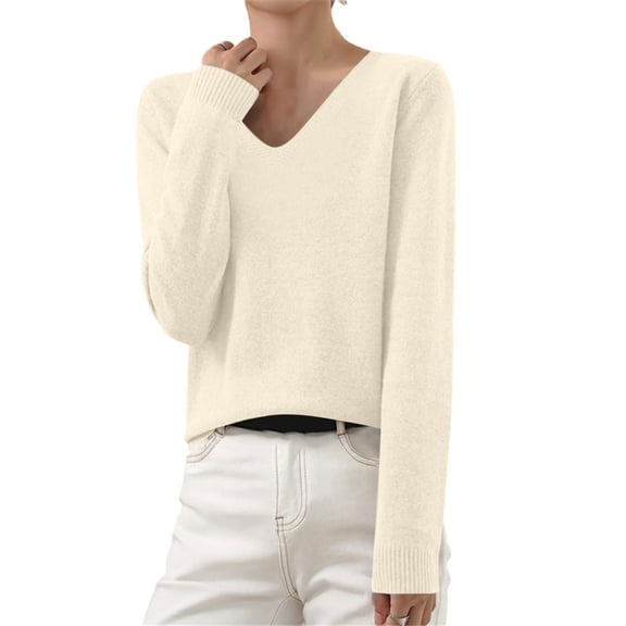 TQWQT Women's Casual Knit Sweaters Basic Lightweight Fall Sweaters Long Sleeve Shirt V-Neck Pullover Soft Cotton Beige Fall Tops Beige L