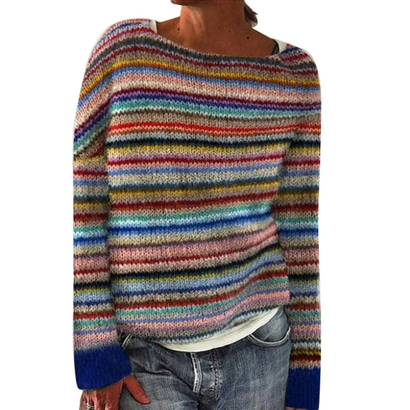 TQWQT Women's Christmas Knit Striped Sweater Plus Size Fair Isle Sweatshirt Crew Neck Long Sleeve Cute Striped Sweaters Anthropologie Clothes Rainbow 4XL