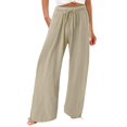 thumbnail image 1 of TQWQT Women's Cotton Linen Pants Casual Wide Leg Drawstring Waist Loose Fit Straight Trousers With Pockets Khaki M, 1 of 5