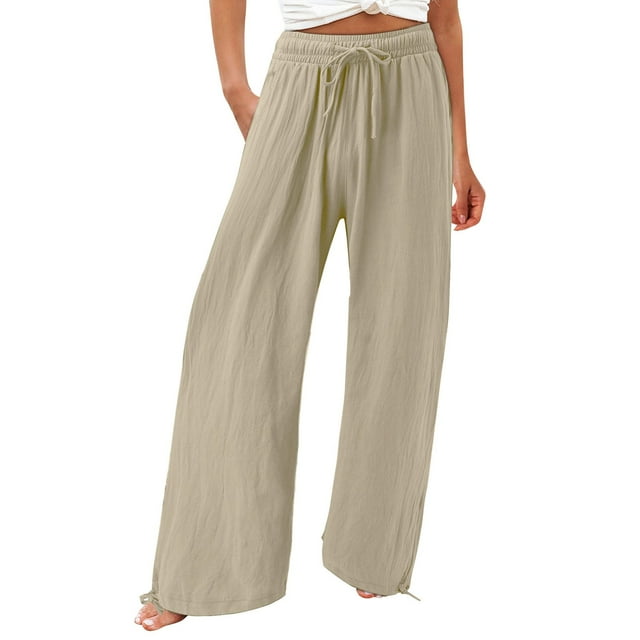 TQWQT Women's Cotton Linen Pants Casual Wide Leg Drawstring Waist Loose Fit Straight Trousers With Pockets Khaki M