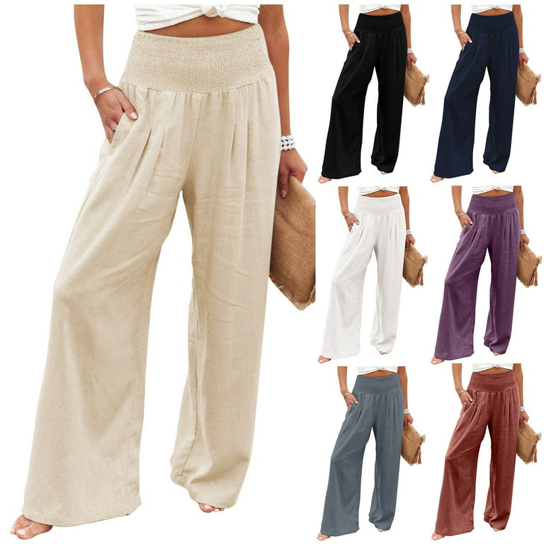 TQWQT Women's Cotton Linen Wide Leg Pants Summer Casual High Waisted Palazzo  Pants Baggy Lounge Beach Trousers with Pocket,White XL 