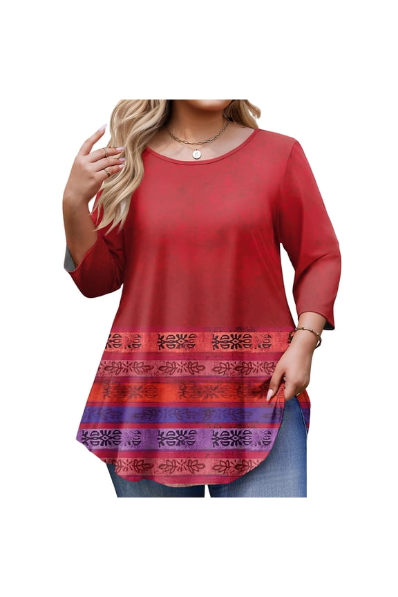 Women's Floral Plus Size Tunic - 3/4 Sleeve, Flowy Swing Silhouette, Soft Fabric, High-Low Hem, Leggings-Friendly Casual Top 5XL