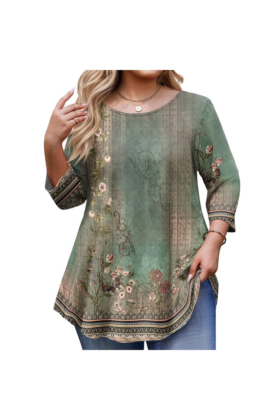 Women's Floral Plus Size Tunic Top - 3/4 Sleeve, Scoop Neck, Soft Fabric, High-Low Hem, Loose Swing Blouse, Perfect for Weekend/Casual 2XL