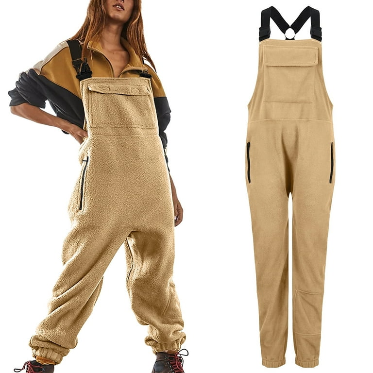 TQWQT Women's Fuzzy Fleece Overall Jumpsuits Casual Loose Fit Winter Sherpa Bib  Overalls with Pockets Khaki S 