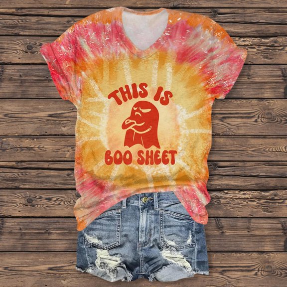 TQWQT Women's Halloween Shirt Plus Size Pumpkin Ghost Shirts Short Sleeve Cute Spooky Season Shirt Funny V Neck T-Shirt Boo Graphic Tee Red 4XL