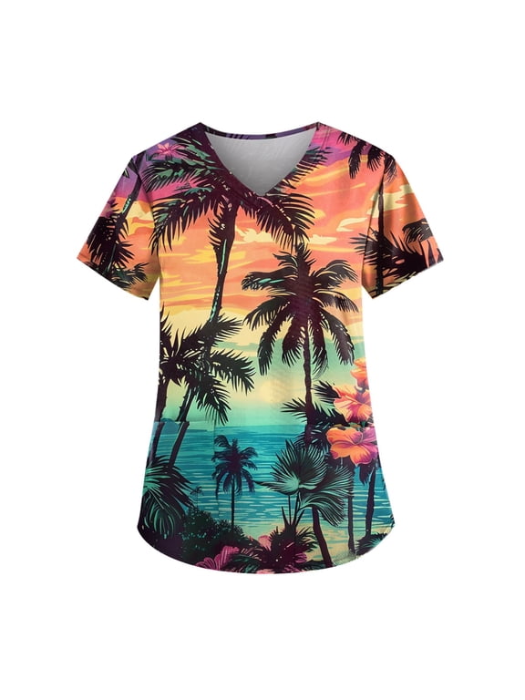 TQWQT Women's Hawaiian Scrub Tops Cute Tropic Tree Print Short Sleeve V Neck Shirts Anti Wrinkle Nursing Uniform Hawaiian Tops Yellow S